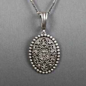 Silver Tone Swirl Oval Rhinestone Pin and Pendant